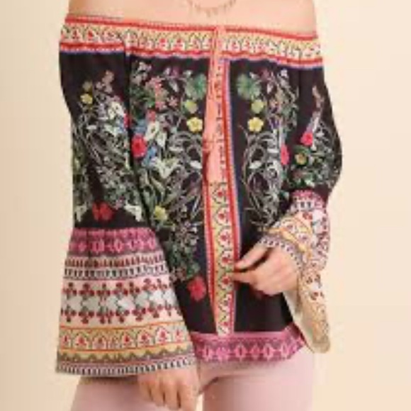 Umgee Botanical Floral Black Shirt Blouse Contrast Trim Button Women Boho Top